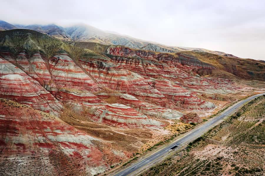 Baku: Candy Mountain, Pink Lake, Besh Barmag Dag and Mosque - The red and white hills of Candy Cane Mountains